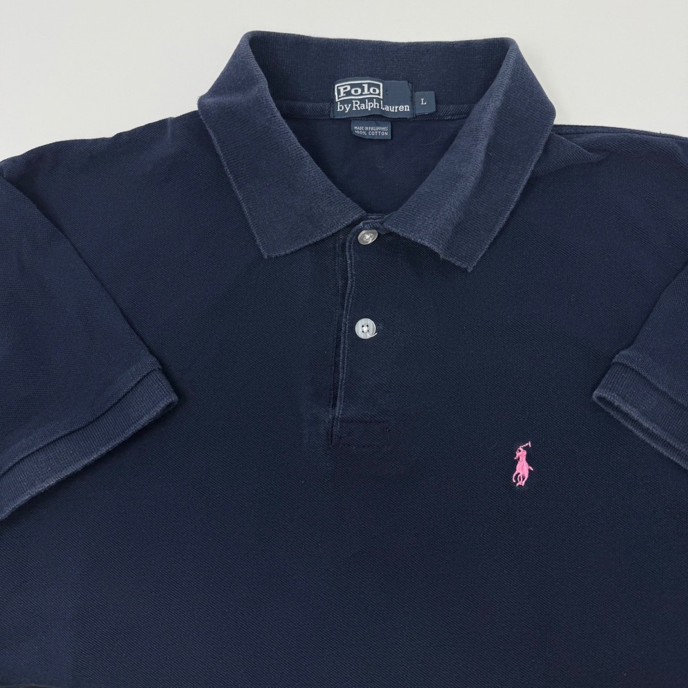 Polo Ralph Lauren Navy Blue Pink Pony Polo Shirt Tag Large Fits Medium
